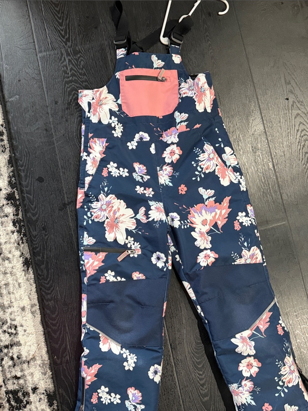 Girls Swiss Tech Floral Navy Ski/Snow Bibs with Pink Accents